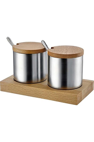 KT HOME Baharatlık Set Paslanmaz Çelik İkili Baharatlık Ahşap Stand Cafe Kafe...