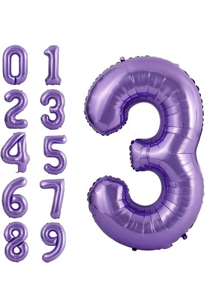 Parti Station 3 Yaş Mor Renk Rakam Folyo Balon 3 Üç Rakam Mor Renk Helyum Uça...