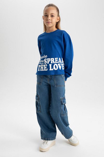 DeFacto Girl's Crop Crew Neck Printed Sweatshirt B3708A823Au
