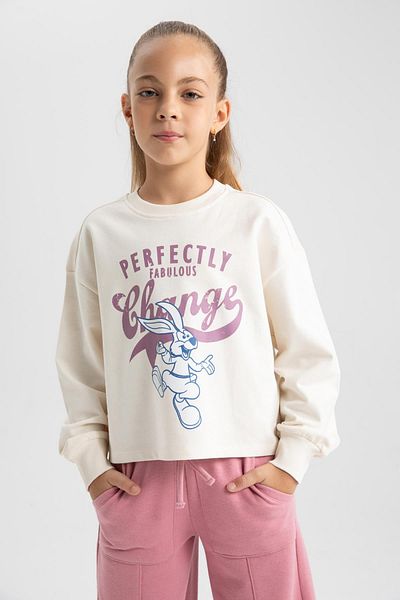 DeFacto Girl's Crop Printed Crew Neck Sweatshirt