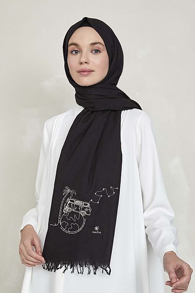 KALİLA Women's Dream Pesine Travel Black Embroidered Shawl