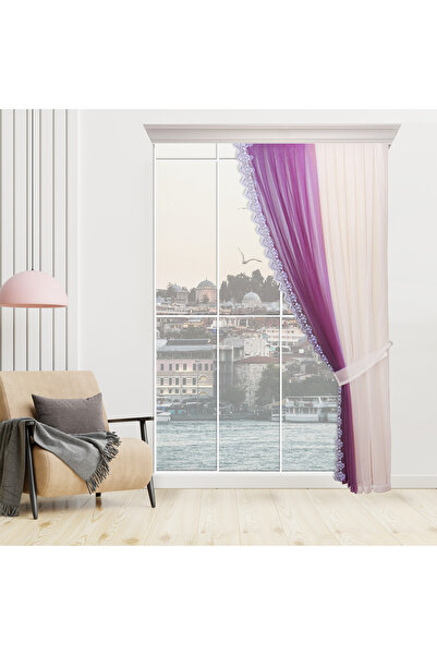 perhal perde ve halı Degrade Renk Geçişli Mürdüm Tek Kanat Sık Pile Tül Fon P...