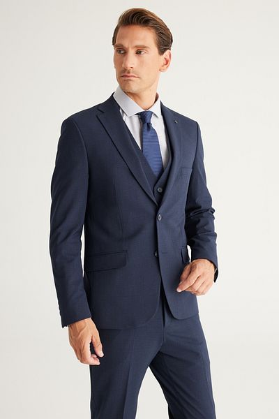 ALTINYILDIZ CLASSICS Men's Dark Navy Blue Recycle Slim Fit Slim Fit Mono Collar Checkered Suit with Vest