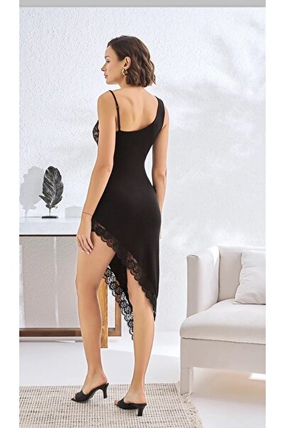 Sevim Дамска, черна, с дантелени детайли, 95% вискоза, асиметрична нощница