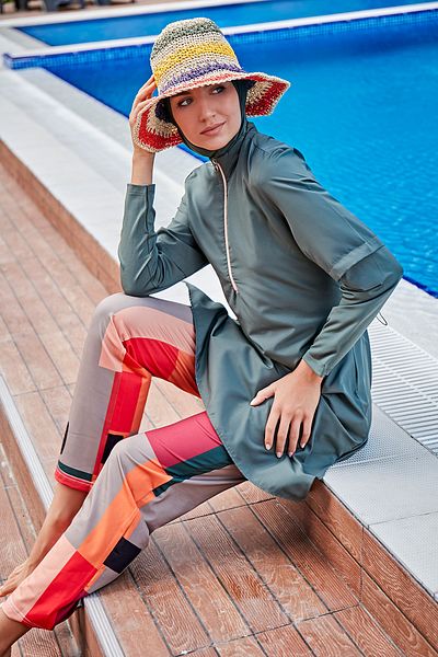 Marina Parachute 4-Piece Khaki Pattern Detailed Fully Covered Hijab Swimsuit M2279