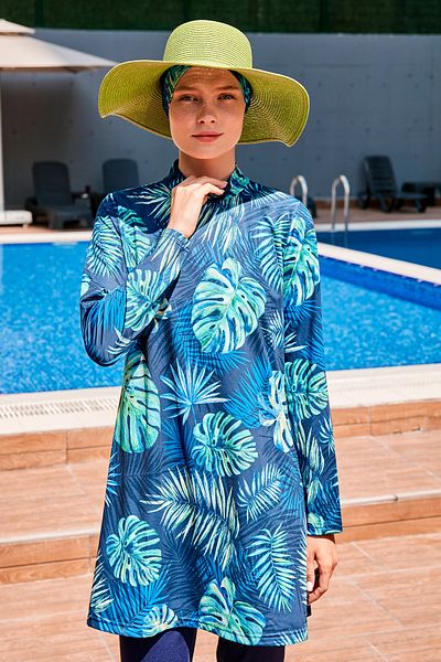 Marina Rope Tied Navy Blue Leaf Patterned Fully Covered Hijab Swimsuit M2112