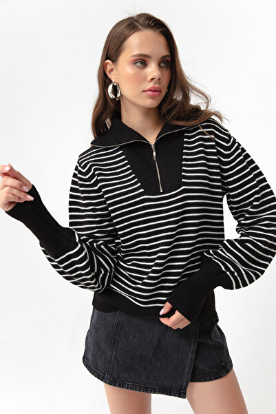 Lafaba Women's Black Zipper Detailed Striped Knitwear Sweater