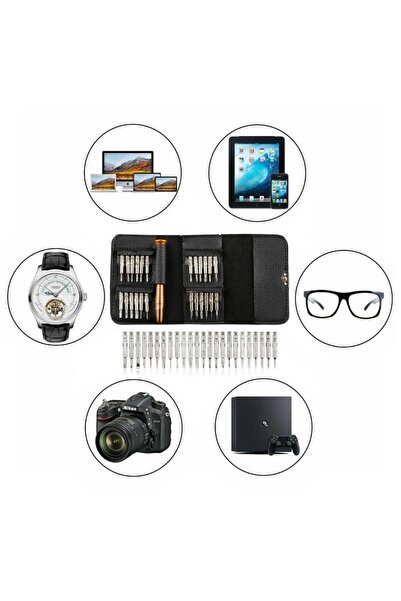 DepoMega 25 Parça Mıknatıslı Tornavida Seti Deri Çantalı Laptop Gözlük Saat Tamir