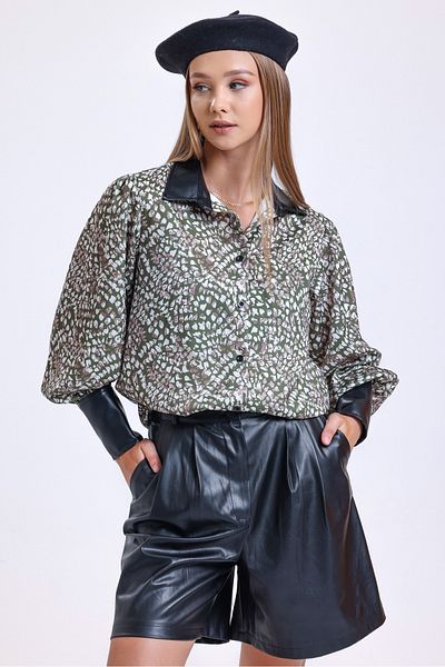 MD trend Women's Khaki Leather Detailed Balloon Sleeve Shoulder Gathered Oversize Satin Shirt