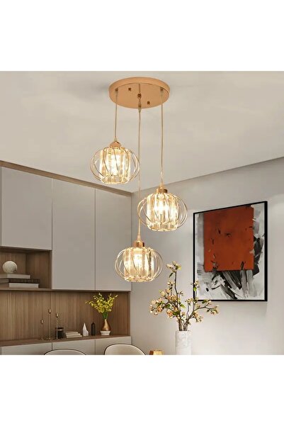 Ultra Home Lüx Kristal Modern 3 lü Gold sarkıt avize
