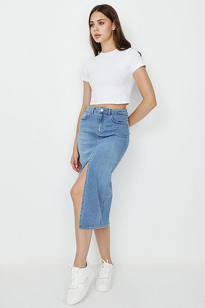 Select Moda Fusta albastră din denim midi de damă