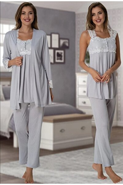 Effort Pijama Effortt Gray Maternity Pajama Set with Dressing Gown 2301