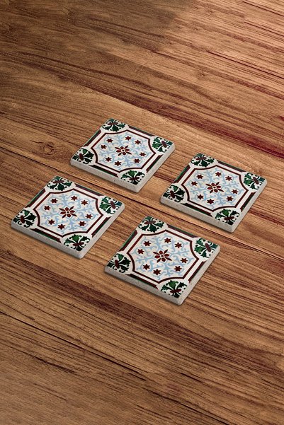 Baumatelier Green Tile Tile Pattern Natural Stone Travertine Coasters Set of 4