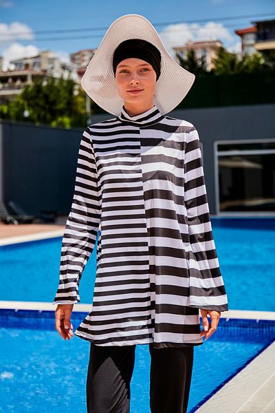 Marina Black and White Striped Design Fully Covered Hijab Swimsuit 1951