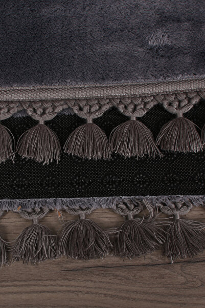 Bonny Home Relax Anthracite 60x100 + 50x60 cm 2-Piece Cornered Pompom Fringed Bath Rug Mat Set with Non-Slip Base