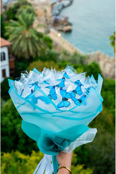 BYSHOPPİNG Led Işıklı Kelebek Buketi A Kalite Büyük Boy Buket Hediyelik Mavi Kelebek Sevgiliye Yılbaşı Özel