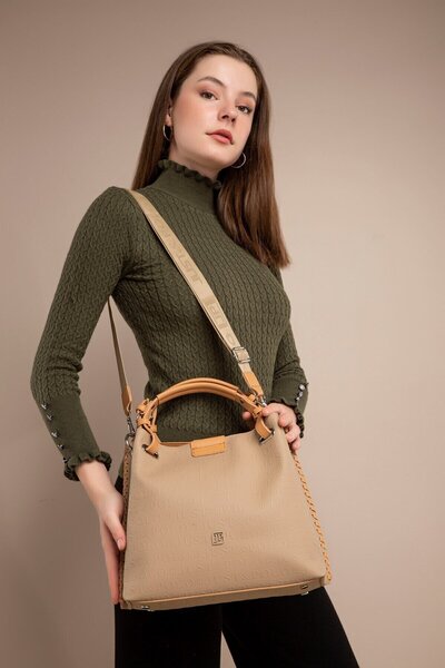 Just Polo Knitted Detailed 4 Compartment Women's Shoulder Bag 4031-Gd Sand Mink
