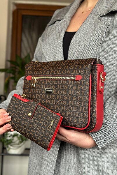Just Polo Red Combination Color 5 Compartment Women's Shoulder Bag 29cm 20 cm...