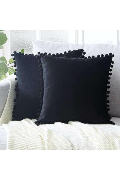 Bc Home Set of 2 Black Small Pompom Soft Textured Throw Pillow Covers, Plain,...