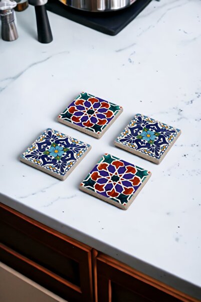 Baumatelier طقم قواعد أكواب من حجر الترافرتين الطبيعي بنمط البلاط المغربي مكون من 4 قطع