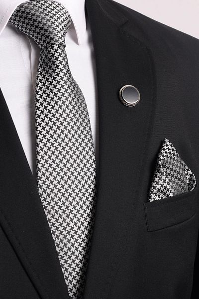 Esgue 7.5 cm Black and White Patterned Tie Handkerchief Brooch Gift Set