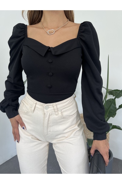 Fav Style Dámská balonová blůza s dlouhým rukávem Sweetheart Collar Button Detailed Crop Halenka černá