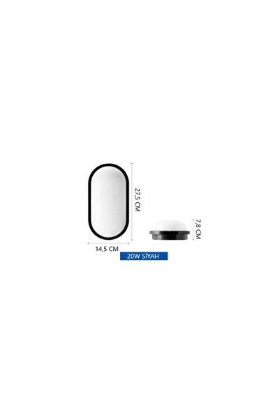 RRULTECH 20w Su Ve Nem Geçirmez Siyah Kasa Beyaz Işık 6500k Oval Banyo Balkon Iç Ve Dış Mekan Aydınlatma