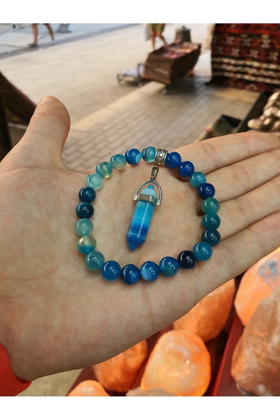 NBS Beautiful Naturel Stones العقيق الأزرق (العين الشريرة، النجاح، السعادة) (يمكن أن يكون الفرق وفقًا لهدايا القلادة) 8 مم
