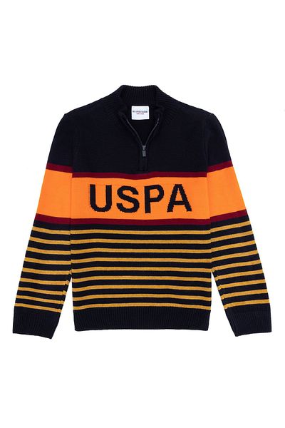 U.S. Polo Assn. Пуловер за момче в тъмносин цвят с цип и стандартен шарен мотив на U.S. Polo Assn. SAVA