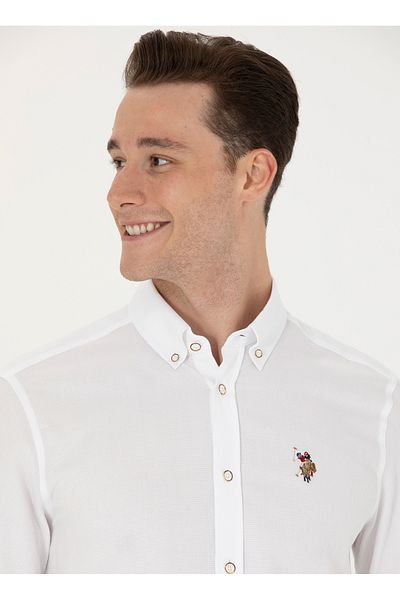 U.S. Polo Assn. ΒΑΣΗ. Polo Assn. Λευκό ανδρικό πουκάμισο με γιακά με λεπτή εφαρμογή NOVAYA023K