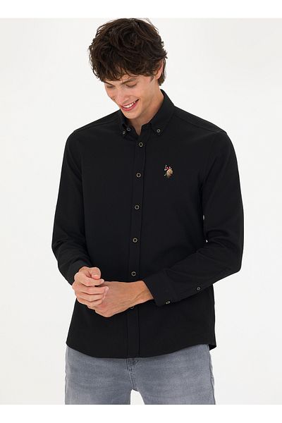 U.S. Polo Assn. БАЗА. Polo Assn. Черна мъжка риза с прилепнала яка с копчета NOVAYA023K