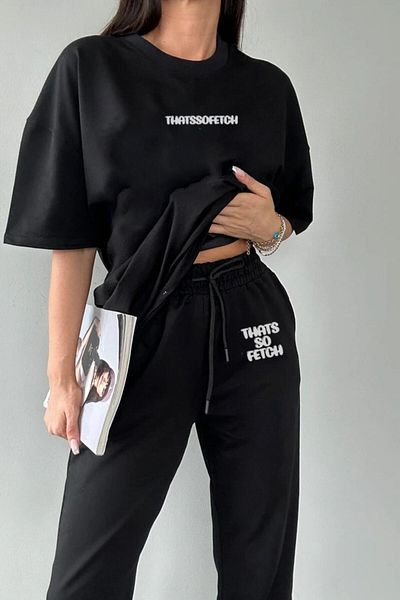 MODA23 T-shirt Φούτερ Jogger Μαύρη στάμπα στο κάτω μέρος Σετ φόρμας Oversize Crew Neck