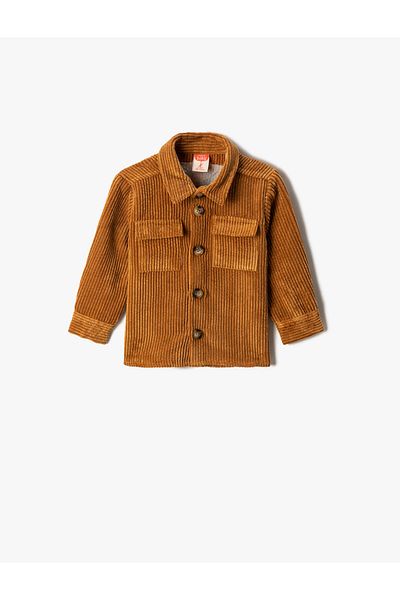 Koton Corduroy Shirt with Flap Pockets and Embroidery Detail on the Back
