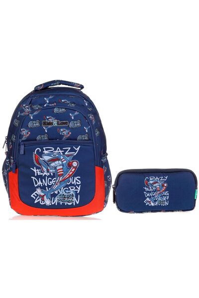 KAUKKO Синьо-червоний механічний акула шкільний рюкзак і пенал для хлопчика