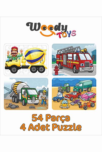 woody toys Çimento Arabası, İtfaiye, Arabalar 54 Parça Ahşap 4'lü Puzzle Set