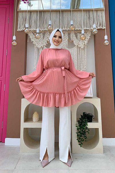 Bym Fashion Fustă Plis Look Talie Curea plisată tunică 2673 Pudra