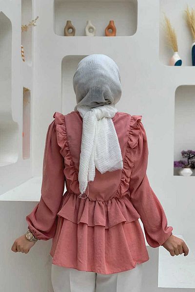 Bym Fashion Ruffle Detail Elastic Waist Floor Blouse 5207 Πούδρα