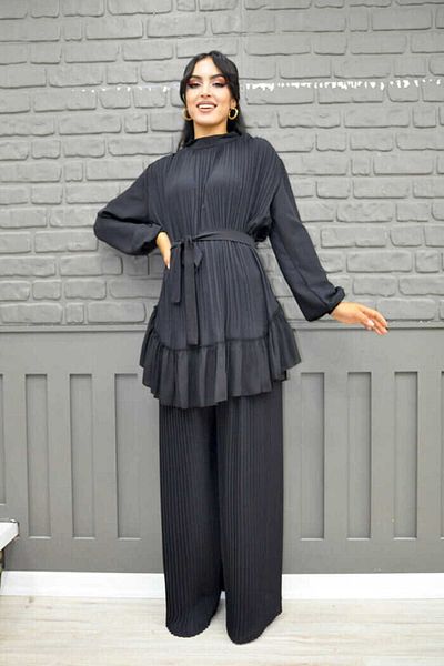 Bym Fashion Rock, Faltenoptik, Taillengürtel, plissierte Tunika 2673, Schwarz