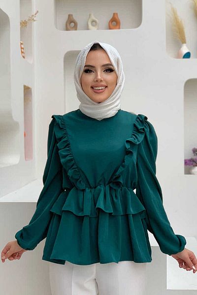 Bym Fashion Μπλούζα με βολάν λεπτομέρεια ελαστική μέση όψη δαπέδου 5207 Emerald