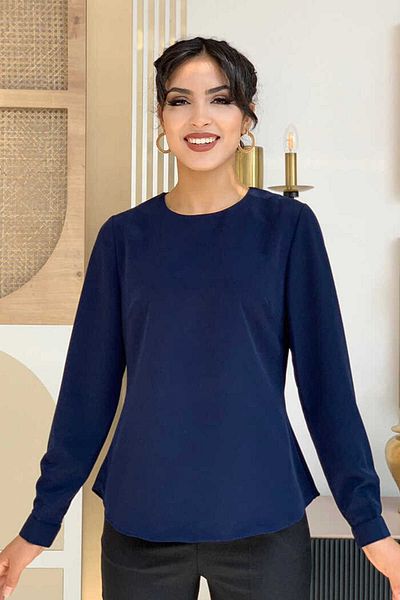 Bym Fashion Plain Crew Neck Sleeve Button Detail Short Underwear Blouse 5298 Navy Blue