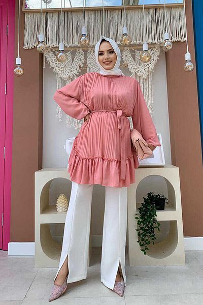 Bym Fashion Fustă Plis Look Talie Curea plisată tunică 2673 Pudra