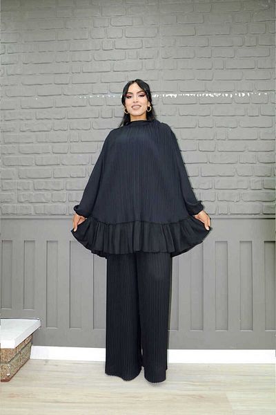 Bym Fashion Rock, Faltenoptik, Taillengürtel, plissierte Tunika 2673, Schwarz
