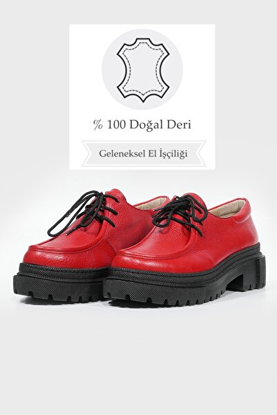 TUNAELLİ KADIN KIRMIZI HAKİKİ DOĞAL DERİ 35-41 NUMARA BAĞCIKLI AYAKKABI