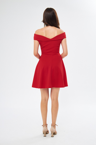 bayansepeti Flexible Scuba Crepe Fabric Madonna Neck Short Red Mini Dress 079