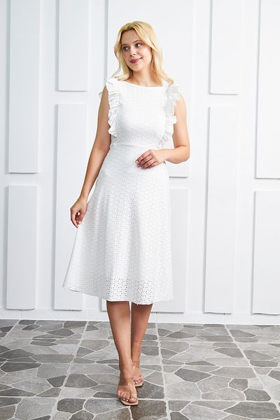 lovebox Rochie de damă, căptușită, din material flexibil, mâneci cu volan, lungime midi, albă 084