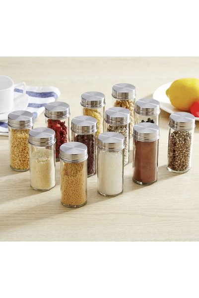 İNOVA LİFE Inovalife 12-piece Wooden Round Glass Spice Jar Set with Rotating Stand