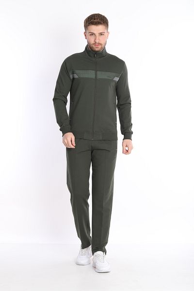 NEED LİFE Men's Khaki Casual Zippered Chest Embroidered Bottom Top Tracksuit Set