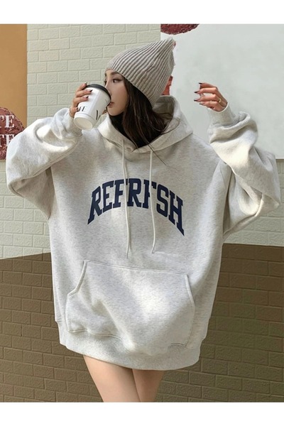 PALPİTO Kadın Gri Refrfsh Baskılı Kapüşonlu Hoodie Sweatshirt