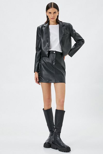 Koton Women's Zippered Normal Waist Eyelet Detailed Leather Look Mini Skirt 4WAK70019EW