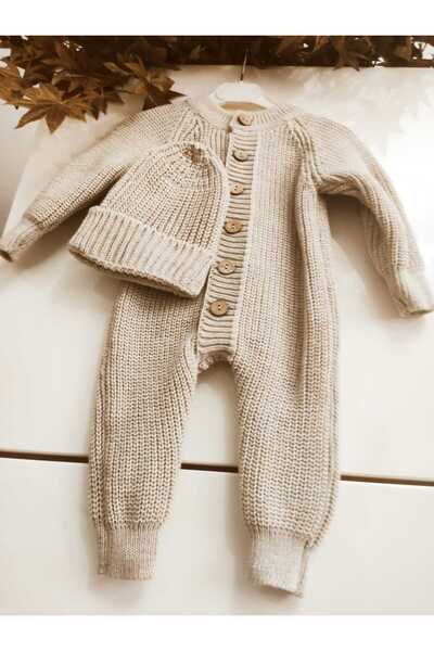 Meriç bebe Buttoned Beige Selanik Knitted Knitted Baby Jumpsuit with Hat